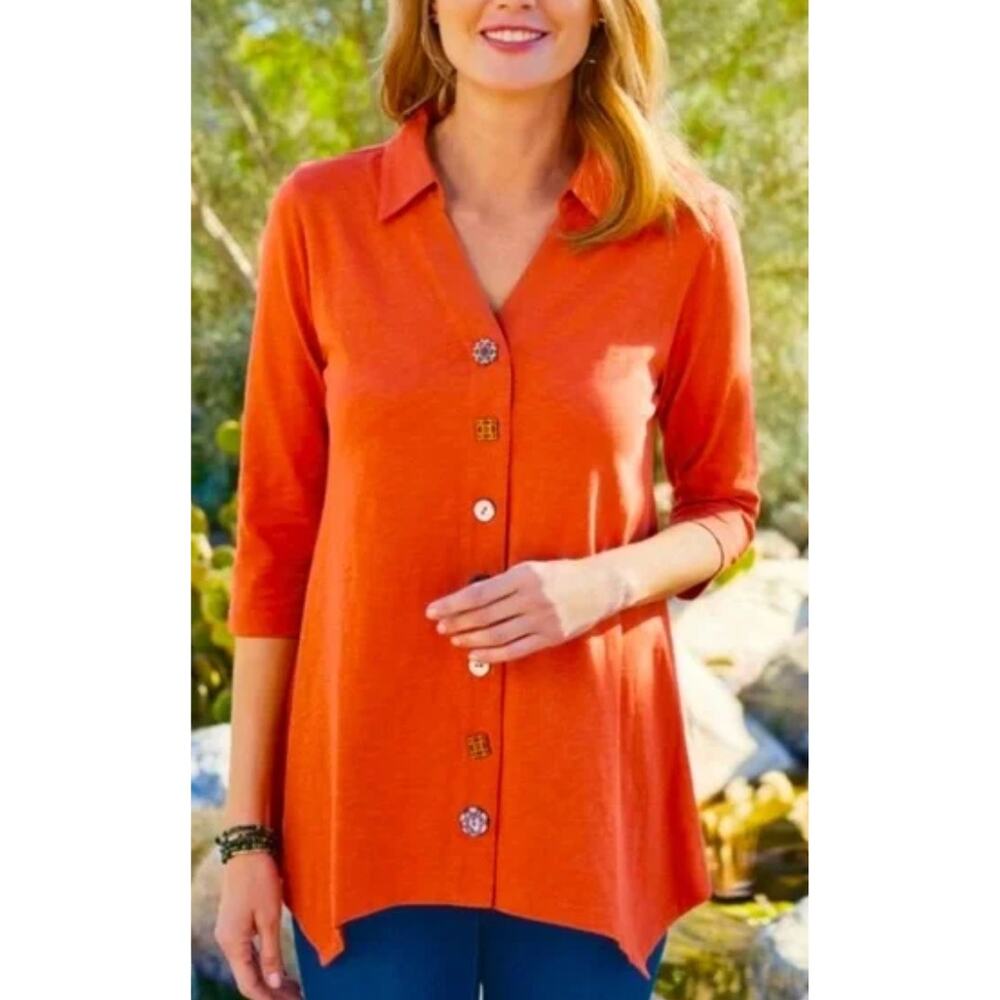 Soft Surroundings Danielle Button 3/4 Sleeve Tunic Top L Orange Vacation